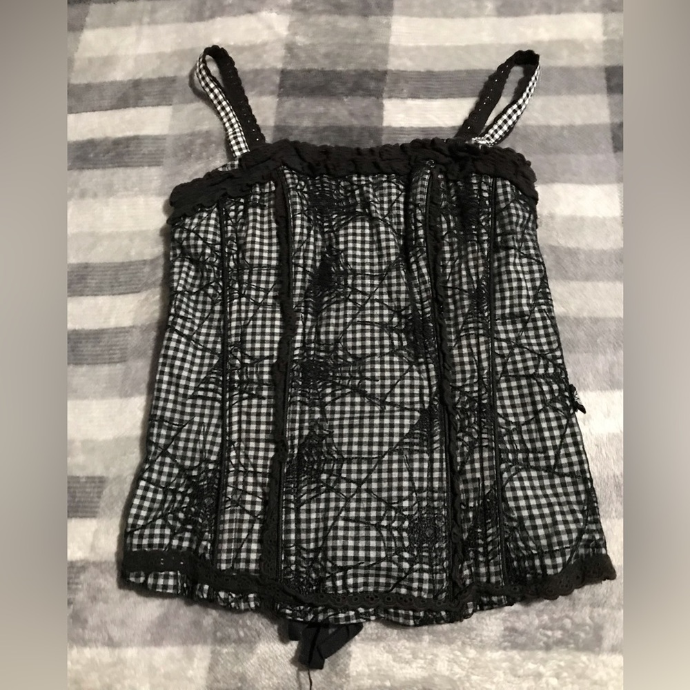 Women’s Size S Black and White Corset w Spider Web Patterned Mesh by Tripp NYC